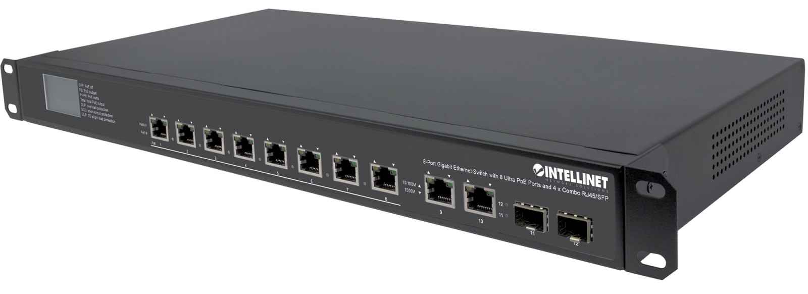 Intellinet Switch Gigabit de 8 puertos Ultra PoE con 4 puertos de enlace (2  RJ45, 2 SFP) y pantalla LCD (561327)